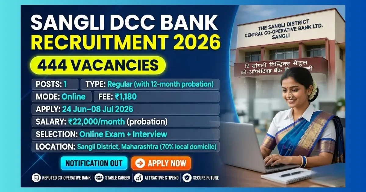 Sangli DCC Bank Clerk Recruitment 2026 official notification for 444 Junior Assistant posts