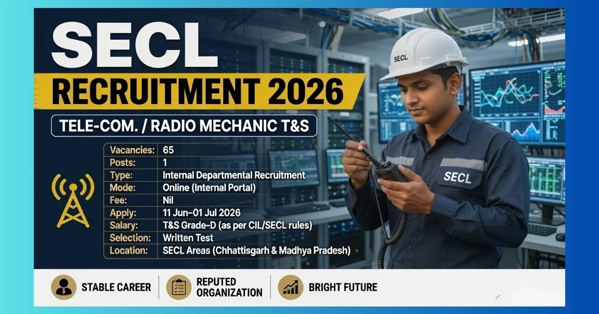 SECL Tele-com Radio Mechanic T&S Grade-D Recruitment 2026 official notification for 65 internal posts