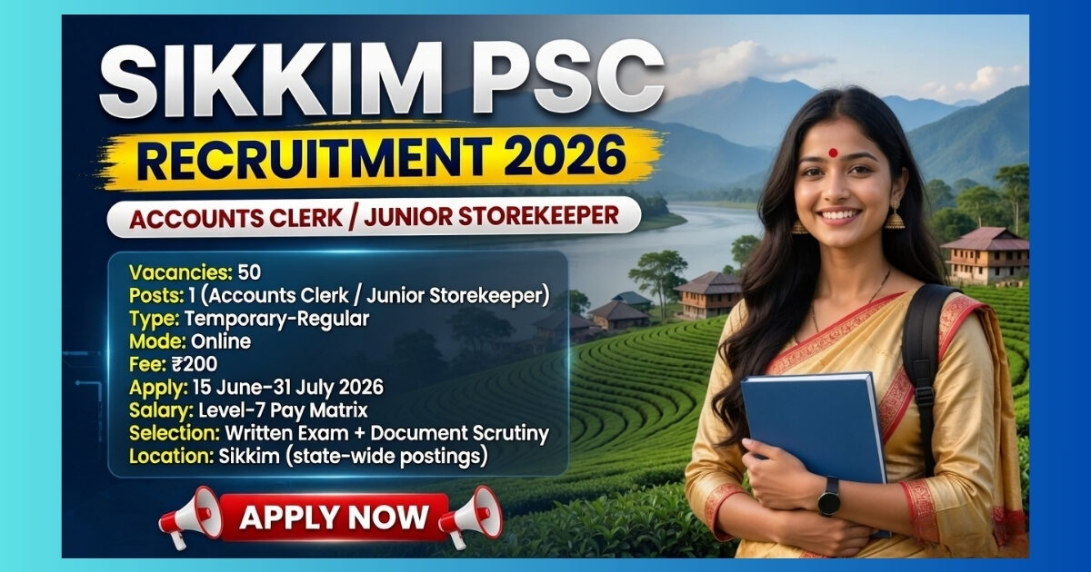 Sikkim PSC Accounts Clerk Junior Storekeeper Recruitment 2026 official notification for 50 posts