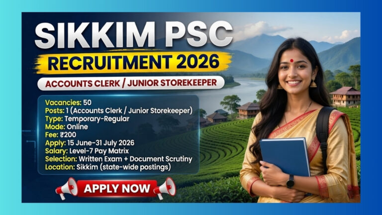 Sikkim PSC Accounts Clerk Junior Storekeeper Recruitment 2026 official notification for 50 posts