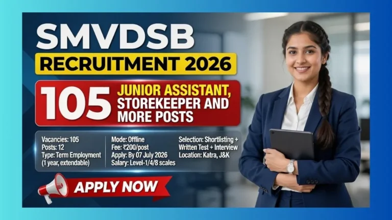 SMVDSB Katra Recruitment 2026 official notice for 105 Junior Assistant Storekeeper Chef and Security Guard posts