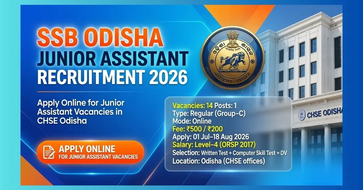 SSB Odisha Junior Assistant Recruitment 2026 official notification for 14 Group-C posts in CHSE