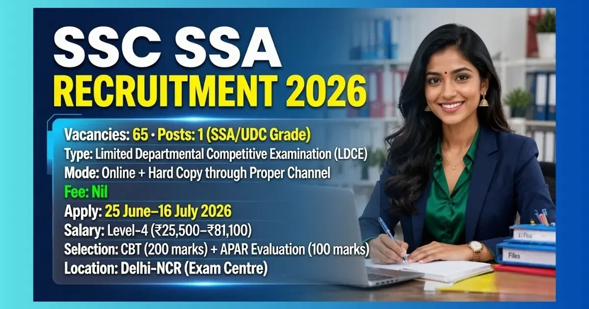 SSC Senior Secretariat Assistant SSA UDC LDCE Recruitment 2026 official notification for 65 posts
