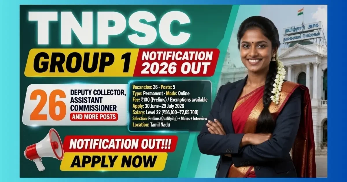 TNPSC Group 1 Recruitment 2026 official notification for 26 Deputy Collector and other Group I posts