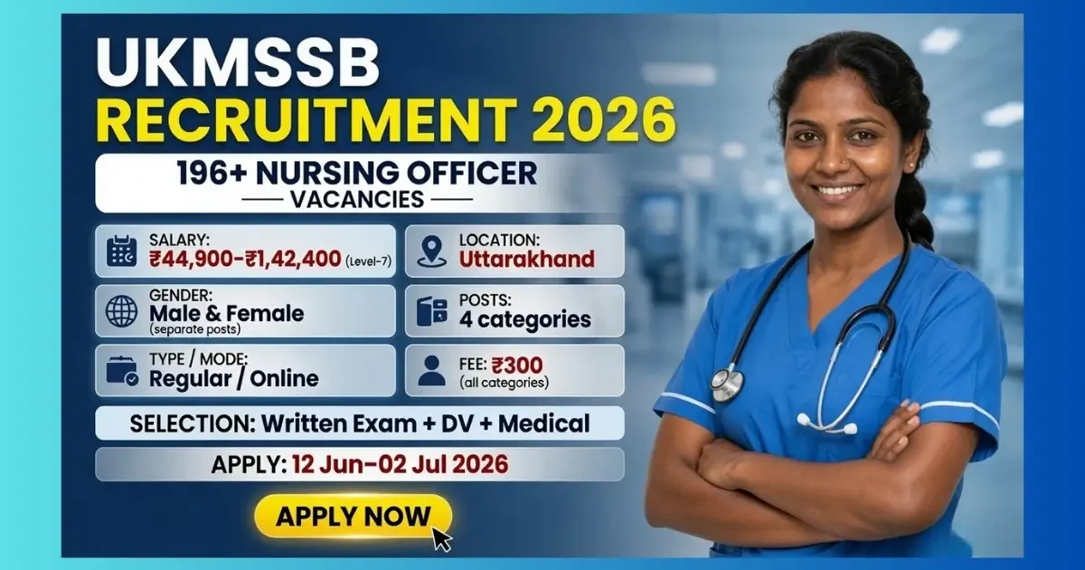 UKMSSB Uttarakhand Nursing Officer Recruitment 2026 official notification for 196 Female and Male posts