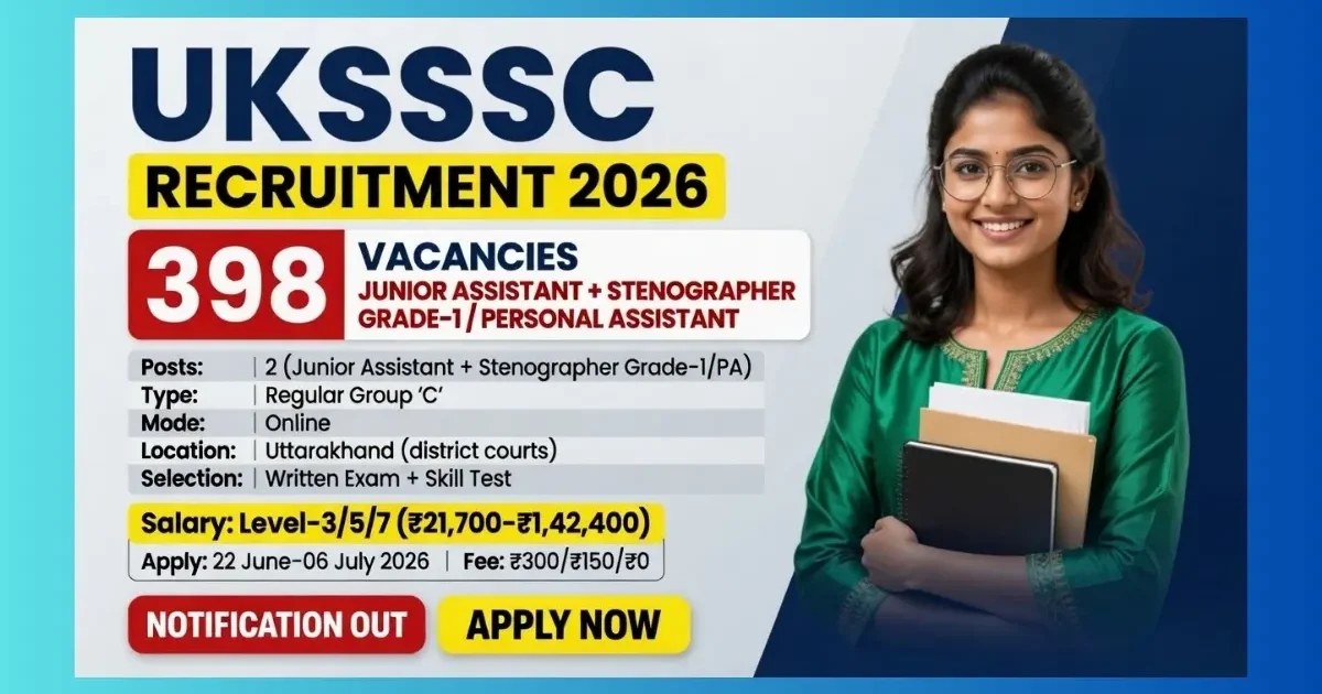 UKSSSC Uttarakhand High Court Junior Assistant and Stenographer Recruitment 2026 for 398 posts