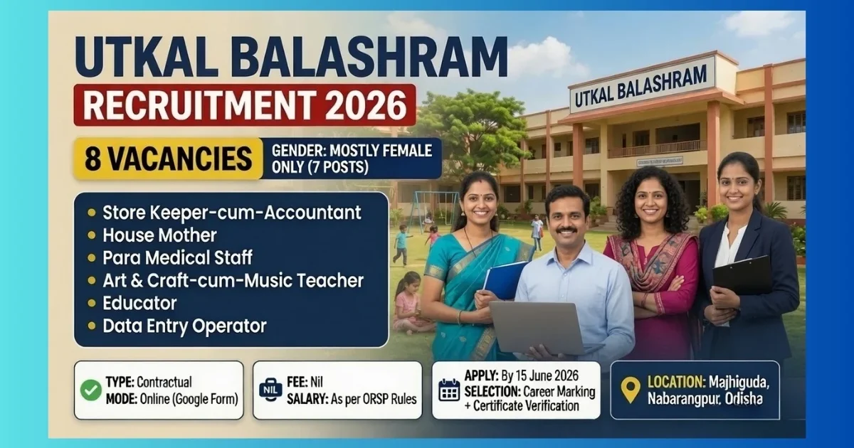 Utkal Balashram Nabarangpur Recruitment 2026 for 8 contractual posts in children's home