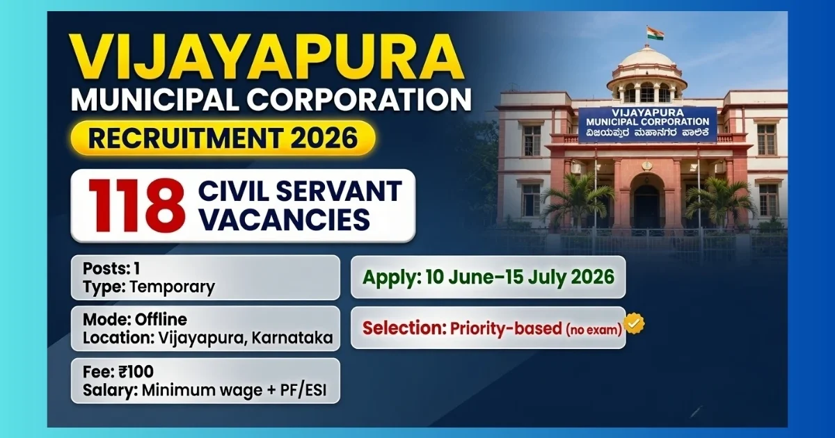 Vijayapura Municipal Corporation Civil Servant Recruitment 2026 for 118 Pourakarmika posts apply offline by 15 July