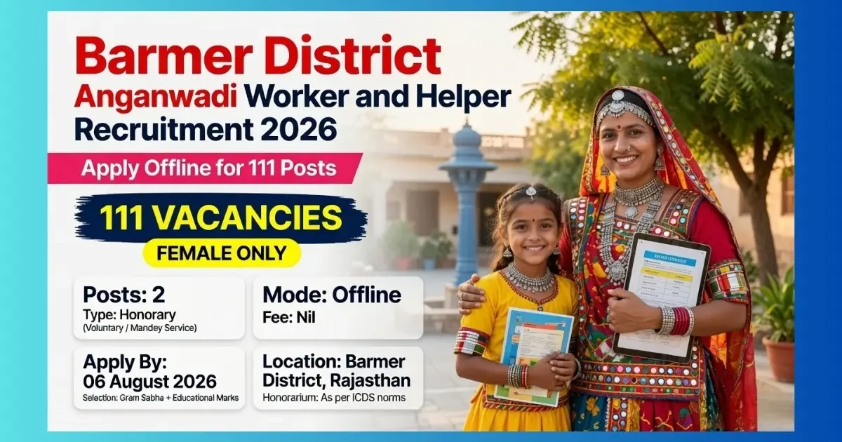 Barmer District Anganwadi Worker and Helper Recruitment 2026 for 111 posts offline application
