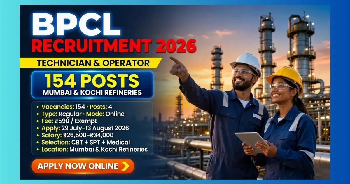 BPCL Technician Operator Recruitment 2026 for 154 Non-Management posts at Mumbai and Kochi Refineries