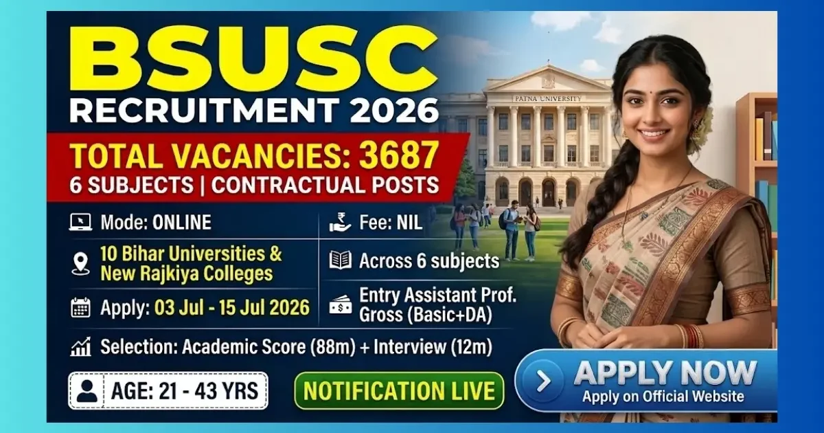 BSUSC Bihar Assistant Professor Recruitment 2026 for 3687 contractual faculty posts in 6 subjects