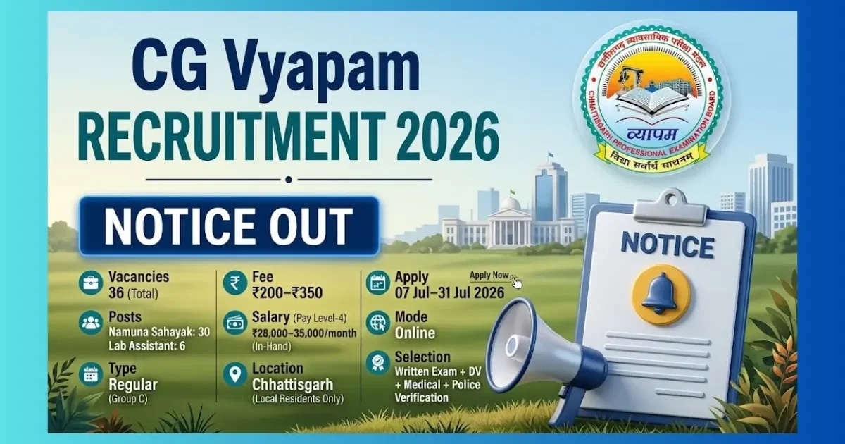 CG Vyapam Namuna Sahayak Lab Assistant Recruitment 2026 for 36 posts under Chhattisgarh FDA