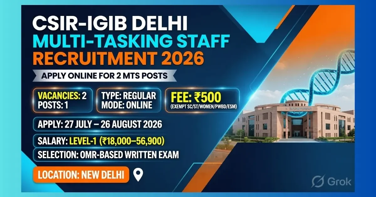 CSIR-IGIB Delhi Multi-Tasking Staff Recruitment 2026 notification for 2 posts