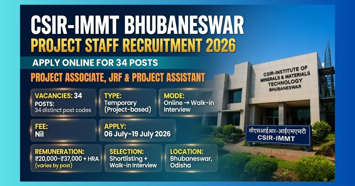 CSIR-IMMT Bhubaneswar Project Staff Recruitment 2026 for 34 Project Associate JRF and Project Assistant posts