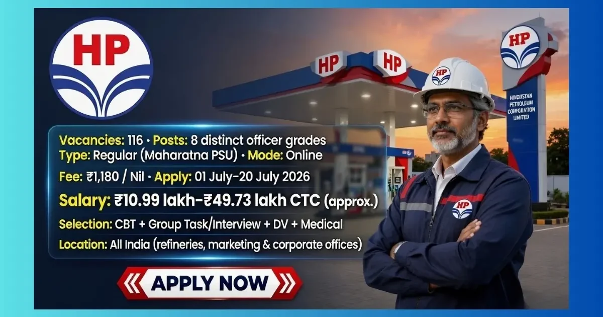 HPCL Officers Recruitment 2026 official notification for 116 Junior Executive and Senior Officer posts