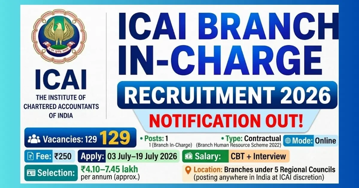 ICAI Branch In-Charge Recruitment 2026 for 129 posts under BHRS 2022