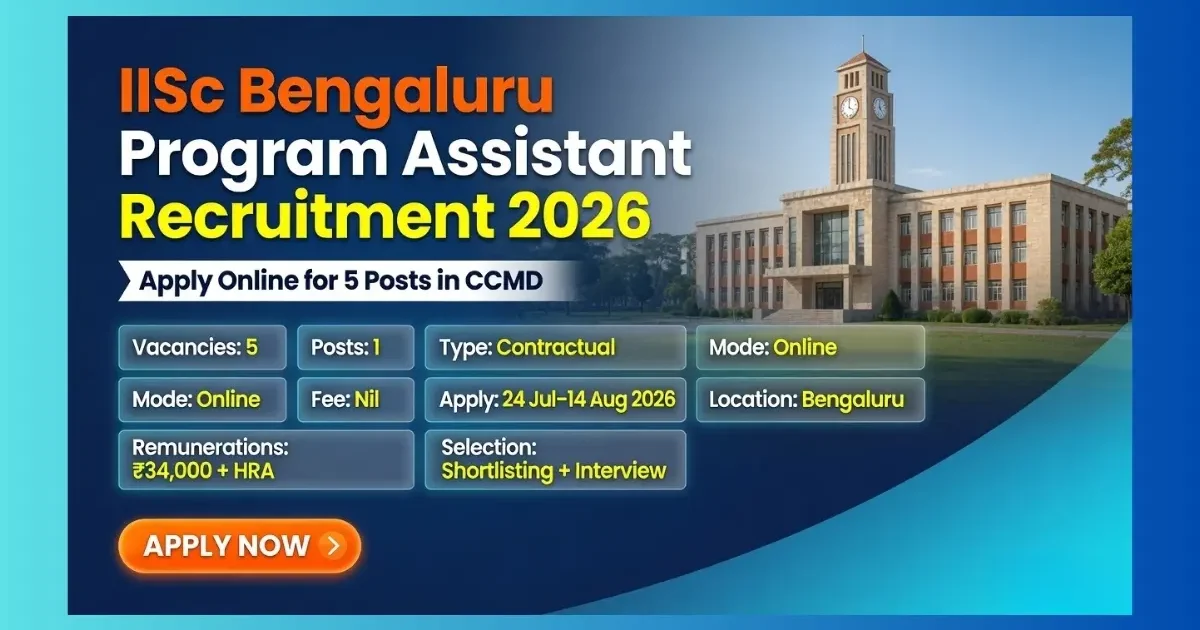 IISc Bengaluru Program Assistant Recruitment 2026 official notification for 5 CCMD posts