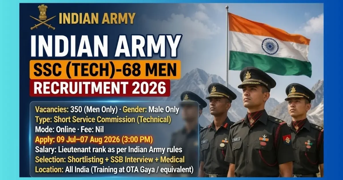 Indian Army SSC Tech 68th Men Recruitment 2026 – 350 engineering posts for April 2027 course