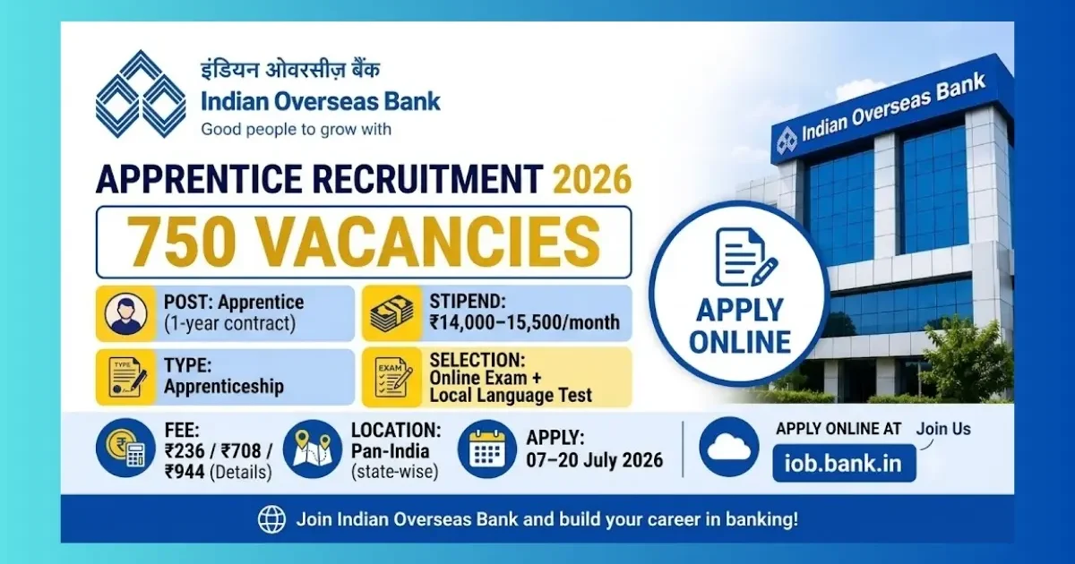 IOB Apprentice Recruitment 2026 official notification for 750 graduate posts across India