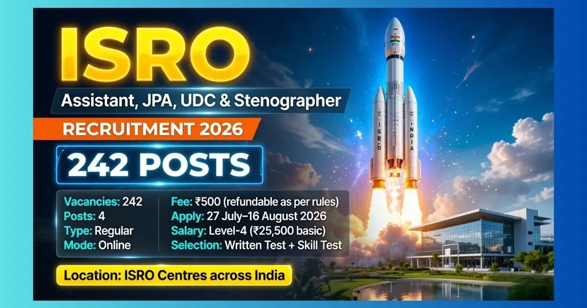 ISRO Assistant JPA UDC Stenographer Recruitment 2026 for 242 Level-4 posts