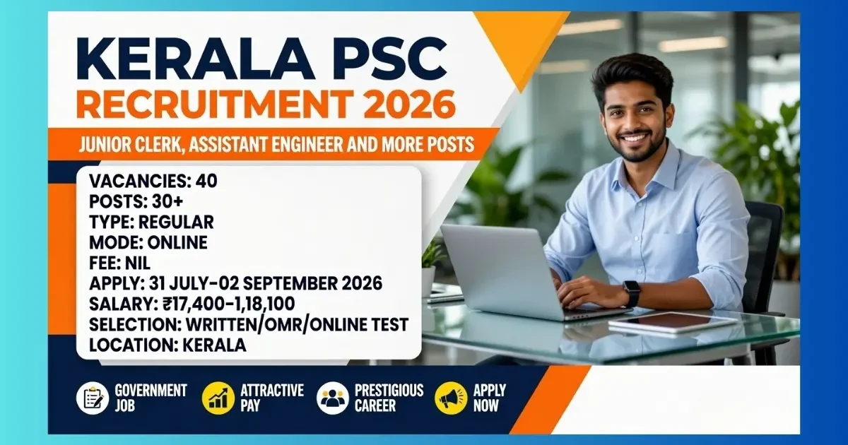 Kerala PSC Recruitment 2026 notification for 40 Junior Clerk Assistant Engineer and other posts