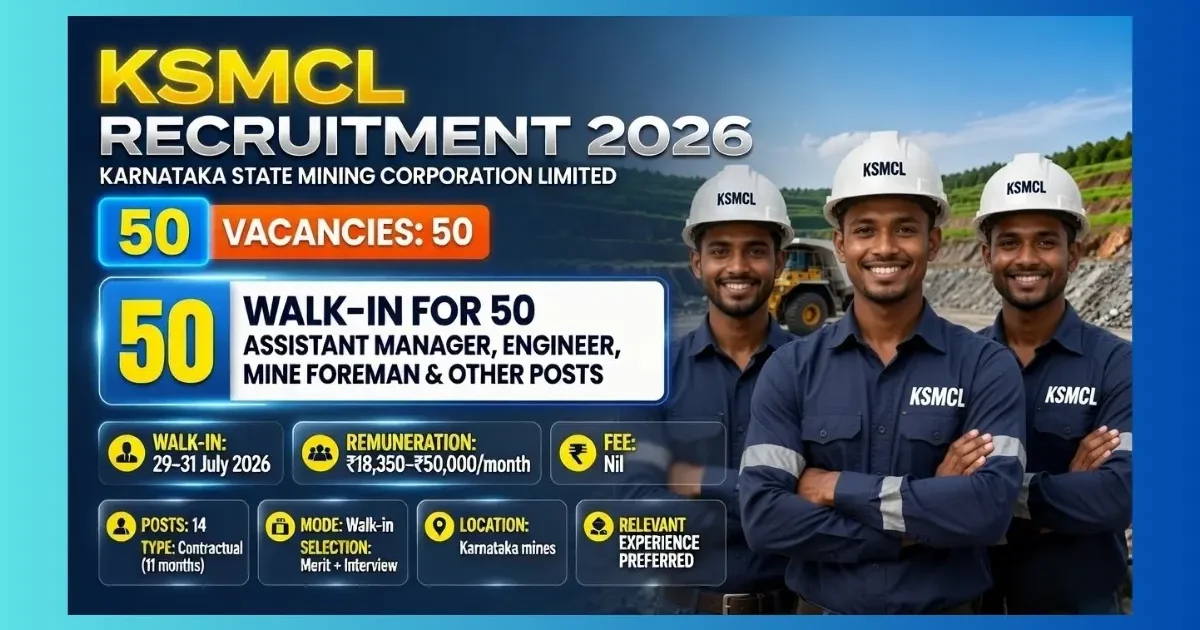 KSMCL Karnataka Recruitment 2026 walk-in for 50 contractual mining and engineer posts