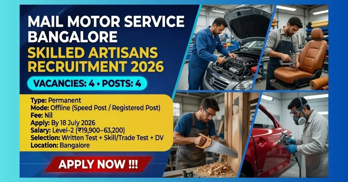 Mail Motor Service Bangalore Skilled Artisans Recruitment 2026 for 4 ITI trade posts