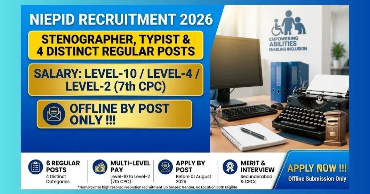 NIEPID Secunderabad Recruitment 2026 for 6 regular posts including Lecturer, Stenographer and LDC/Typist