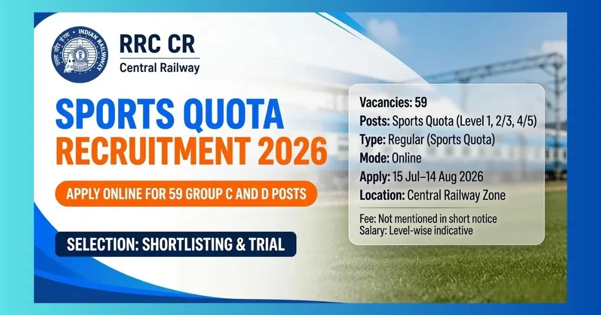 RRC Central Railway Sports Quota Recruitment 2026 for 59 Group C and D posts