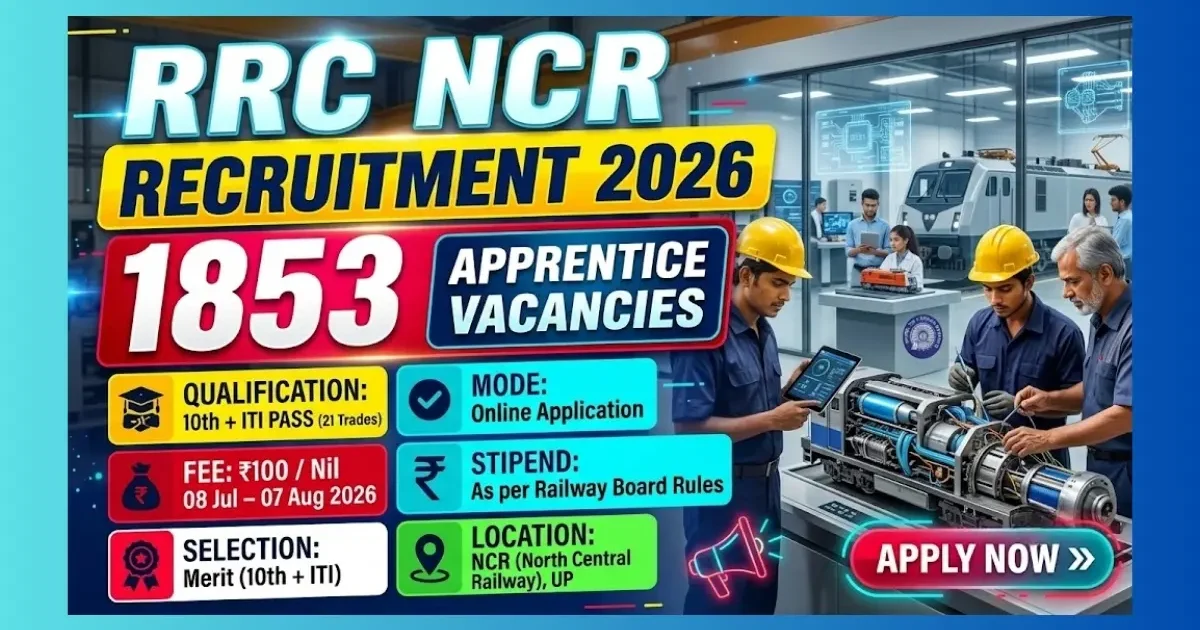 RRC NCR Act Apprentice Recruitment 2026 official notification for 1853 training slots across 21 trades