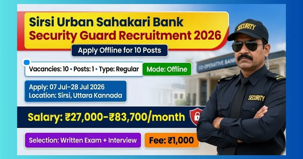 Sirsi Urban Sahakari Bank Security Guard Recruitment 2026 for 10 posts apply offline by 28 July