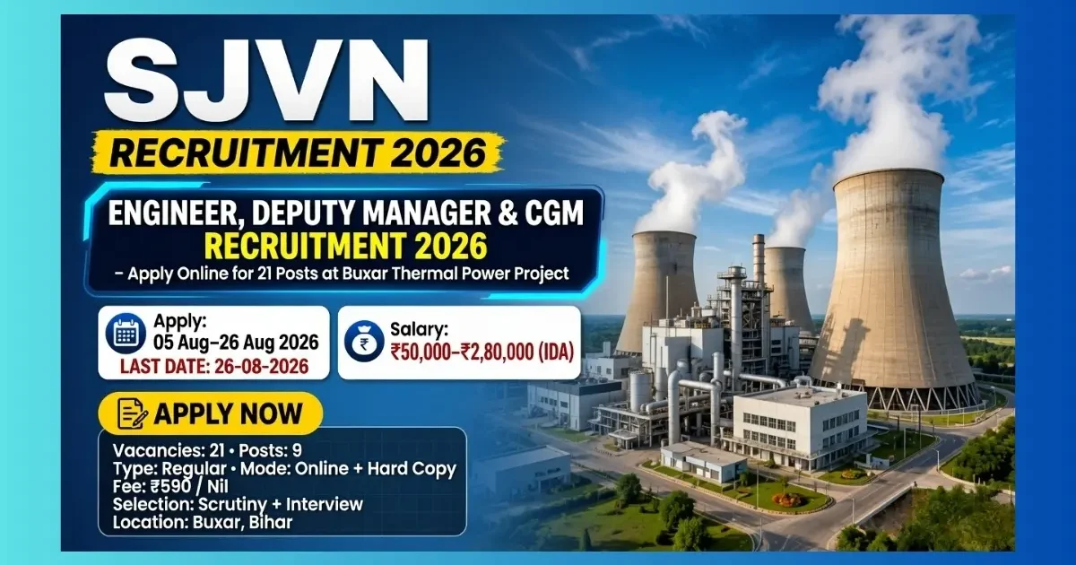 SJVN Buxar Thermal Power Project Engineer Recruitment 2026 for 21 posts