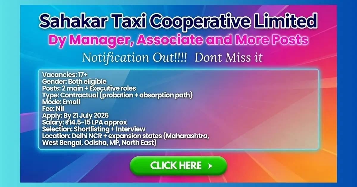 Sahakar Taxi Cooperative STCL Dy Manager and Associate Recruitment 2026 for 17 posts in Delhi and expansion states