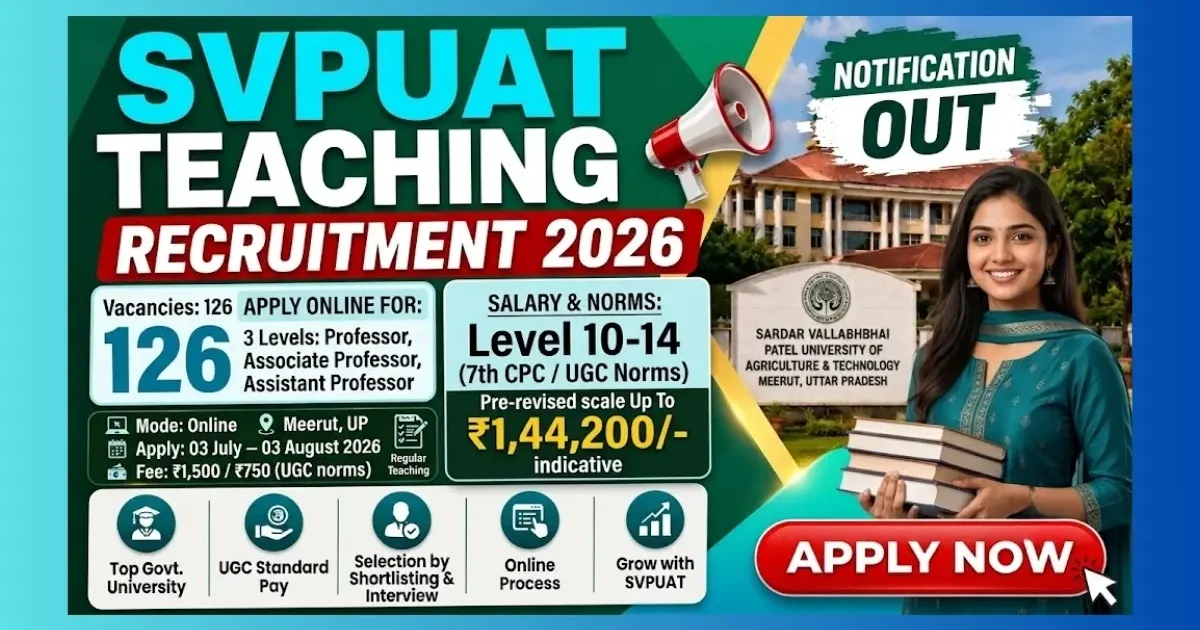 SVPUAT Meerut Teaching Recruitment 2026 for 126 Assistant Professor Associate Professor and Professor posts