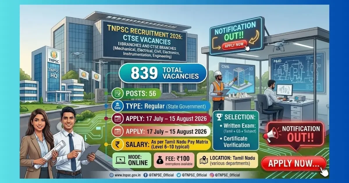 TNPSC Combined Technical Services Diploma ITI Recruitment 2026 for 839 posts across Tamil Nadu departments