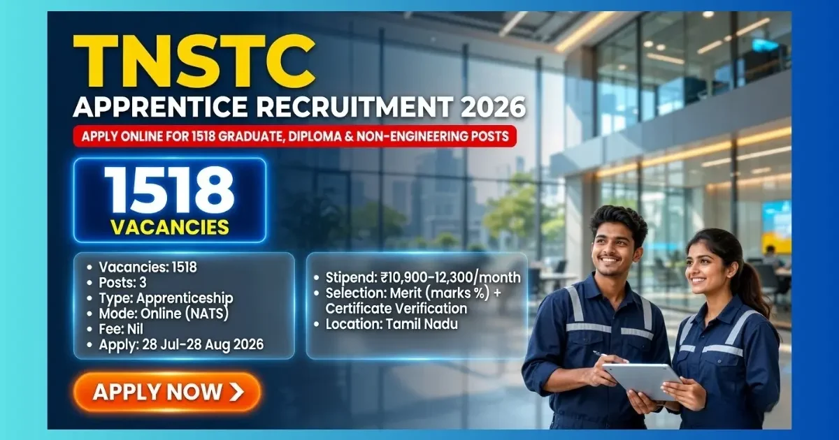 TNSTC MTC SETC Apprentice Recruitment 2026 for 1518 Graduate and Diploma posts