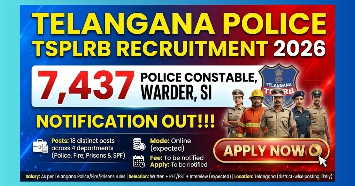 TSLPRB Telangana Police Recruitment 2026 official press note for 7437 posts across SI Constable Warder Fire SPF