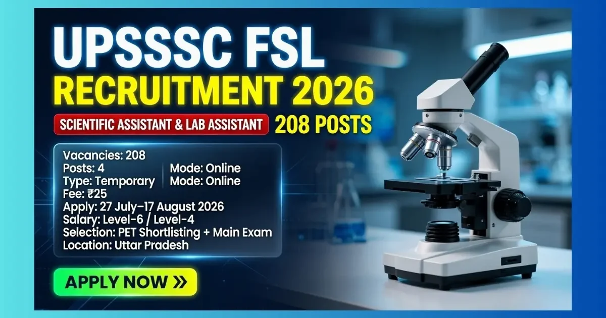 UPSSSC FSL Scientific Assistant & Lab Assistant Recruitment 2026 for 208 posts
