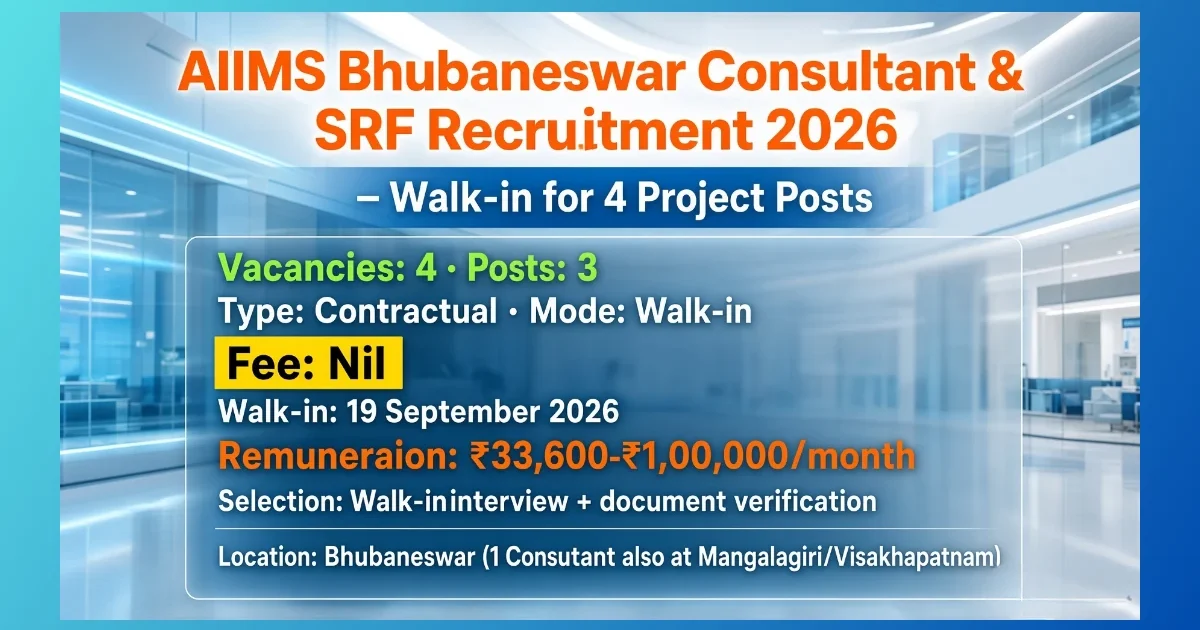 AIIMS Bhubaneswar Consultant SRF walk-in recruitment 2026 for 4 project posts