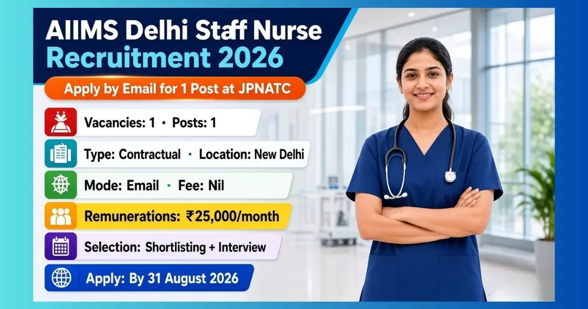 AIIMS Delhi Staff Nurse Recruitment 2026 notification for 1 contractual post at JPNATC