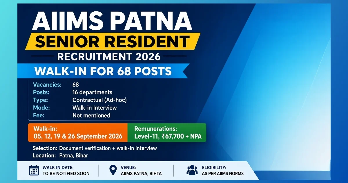 AIIMS Patna Senior Resident Recruitment 2026 walk-in notice for 68 posts