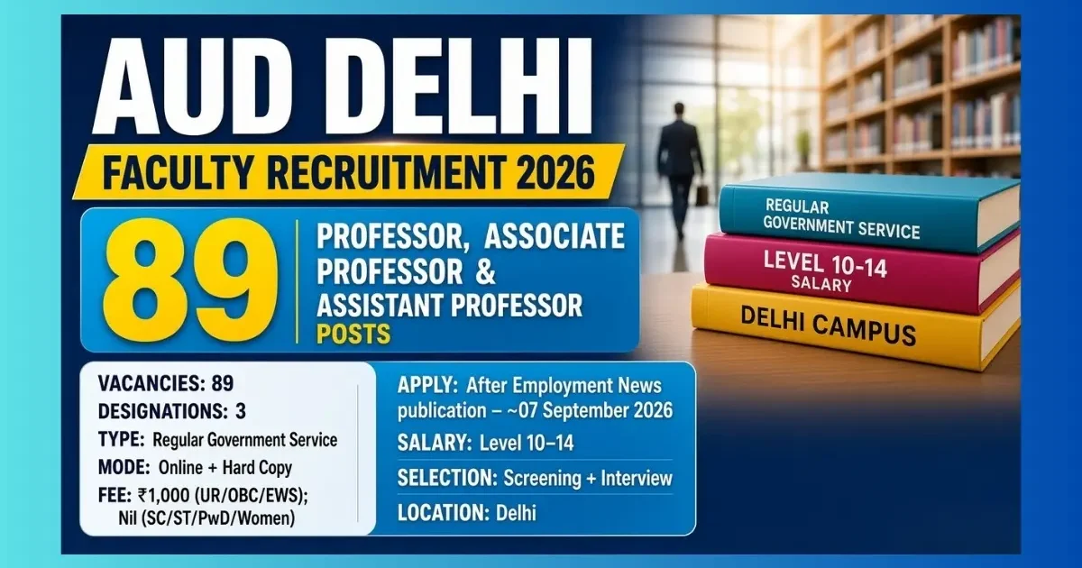 AUD Delhi Faculty Recruitment 2026 official notification for 89 Professor Associate and Assistant Professor posts
