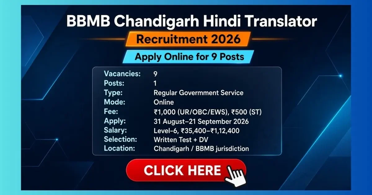 BBMB Chandigarh Hindi Translator Recruitment 2026 notice for 9 Level-6 posts