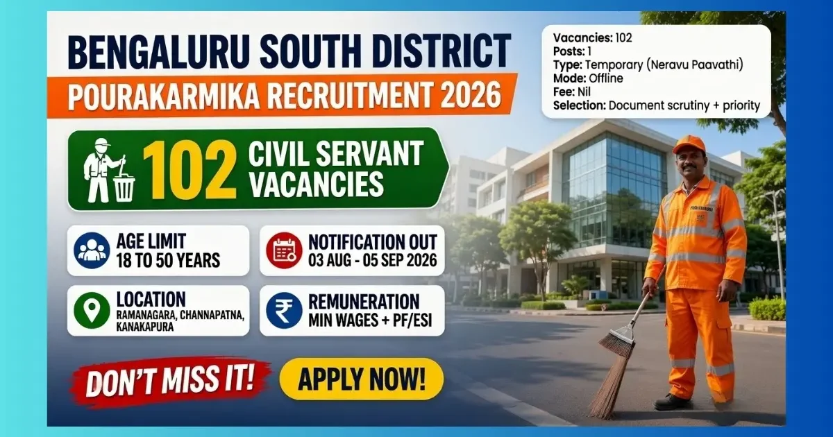 Bengaluru South District Pourakarmika Recruitment 2026 – Apply Offline for 102 Posts in Ramanagara, Channapatna & Kanakapura