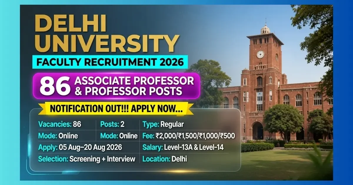 Delhi University Faculty Recruitment 2026 for 86 Associate Professor and Professor posts