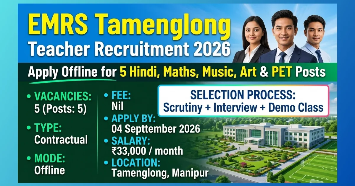 EMRS Tamenglong Teacher Recruitment 2026 for 5 guest teaching posts in Manipur
