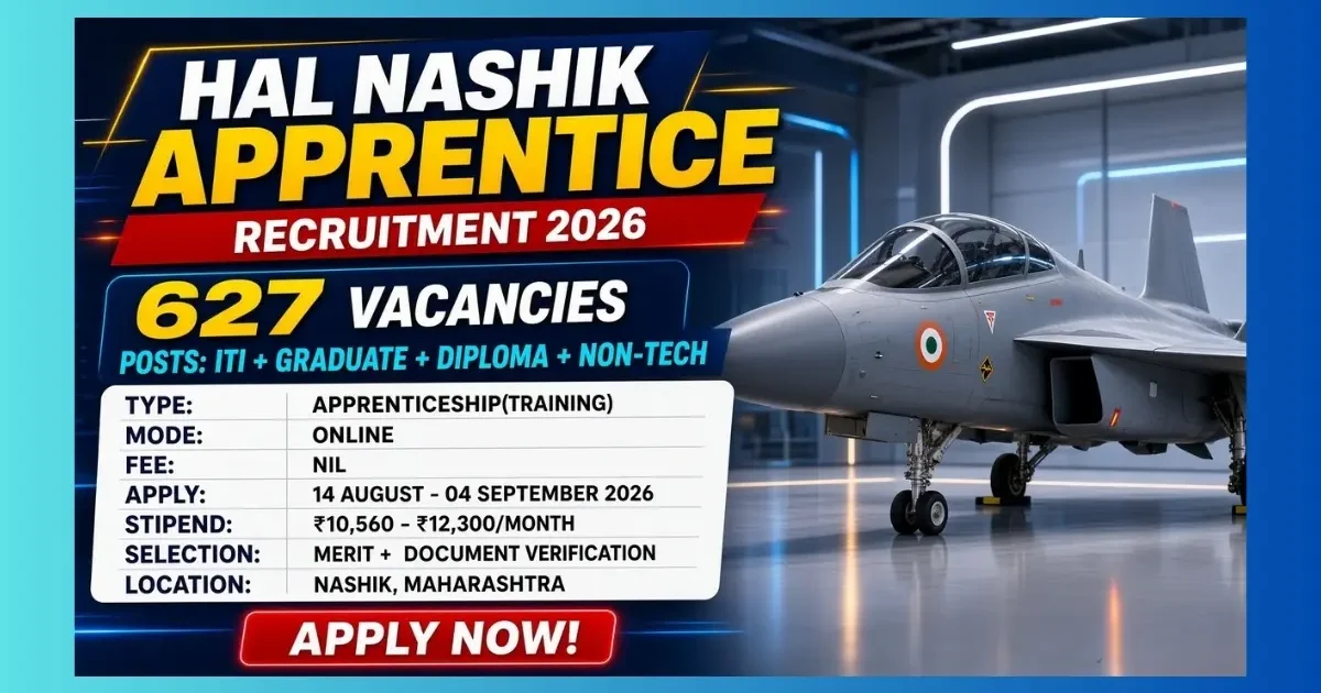HAL Nashik Apprentice Recruitment 2026 official notification for 627 ITI Graduate Diploma seats