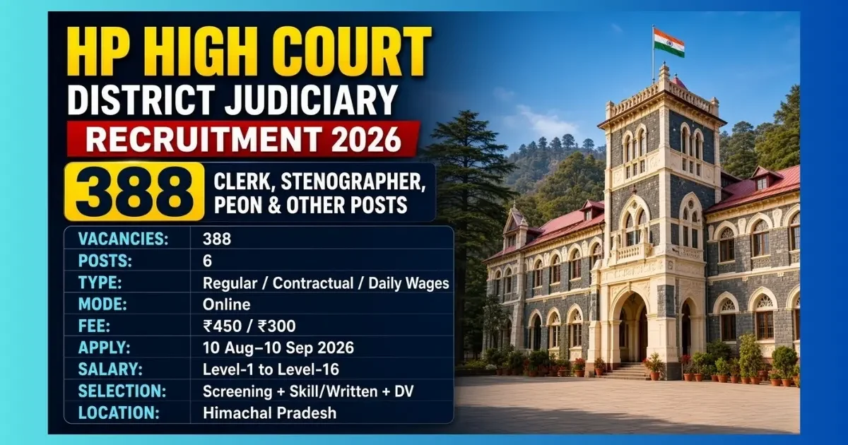 HP High Court District Judiciary Recruitment 2026 notification for 388 Clerk Stenographer Peon posts