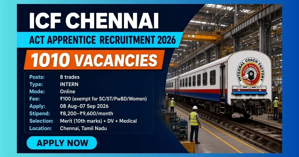 ICF Chennai Act Apprentice Recruitment 2026 notification for 1010 Freshers and Ex-ITI posts