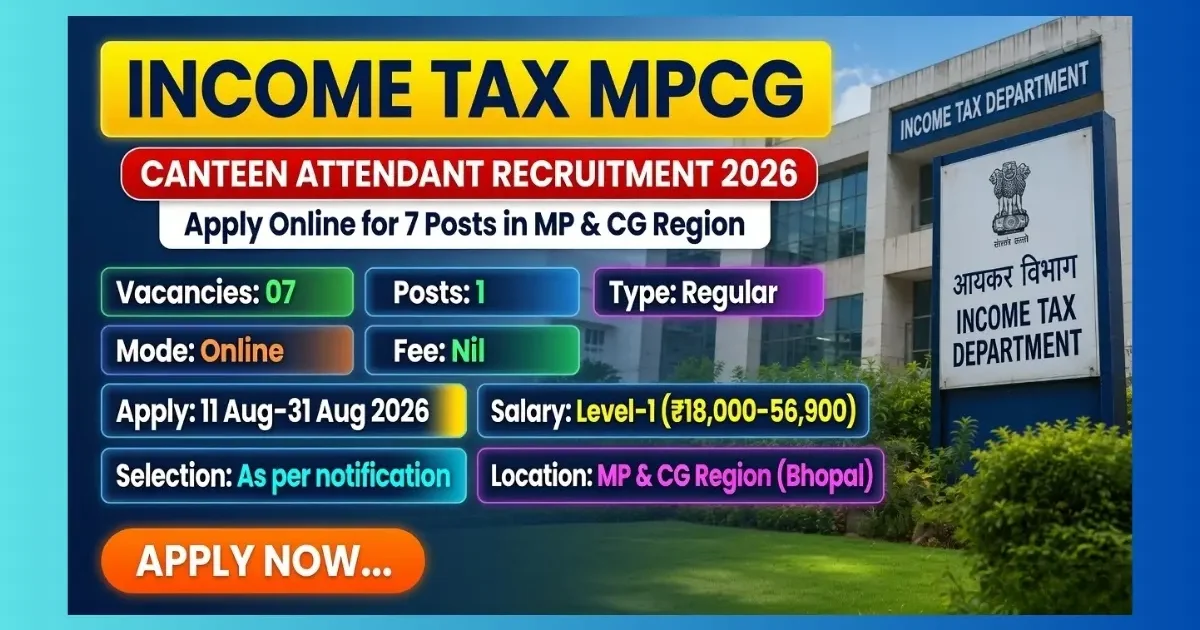 Income Tax MPCG Canteen Attendant Recruitment 2026 notification for 7 posts in Bhopal region